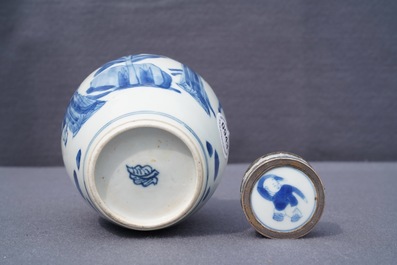 A Chinese silver-mounted blue and white tea caddy and cover, Kangxi